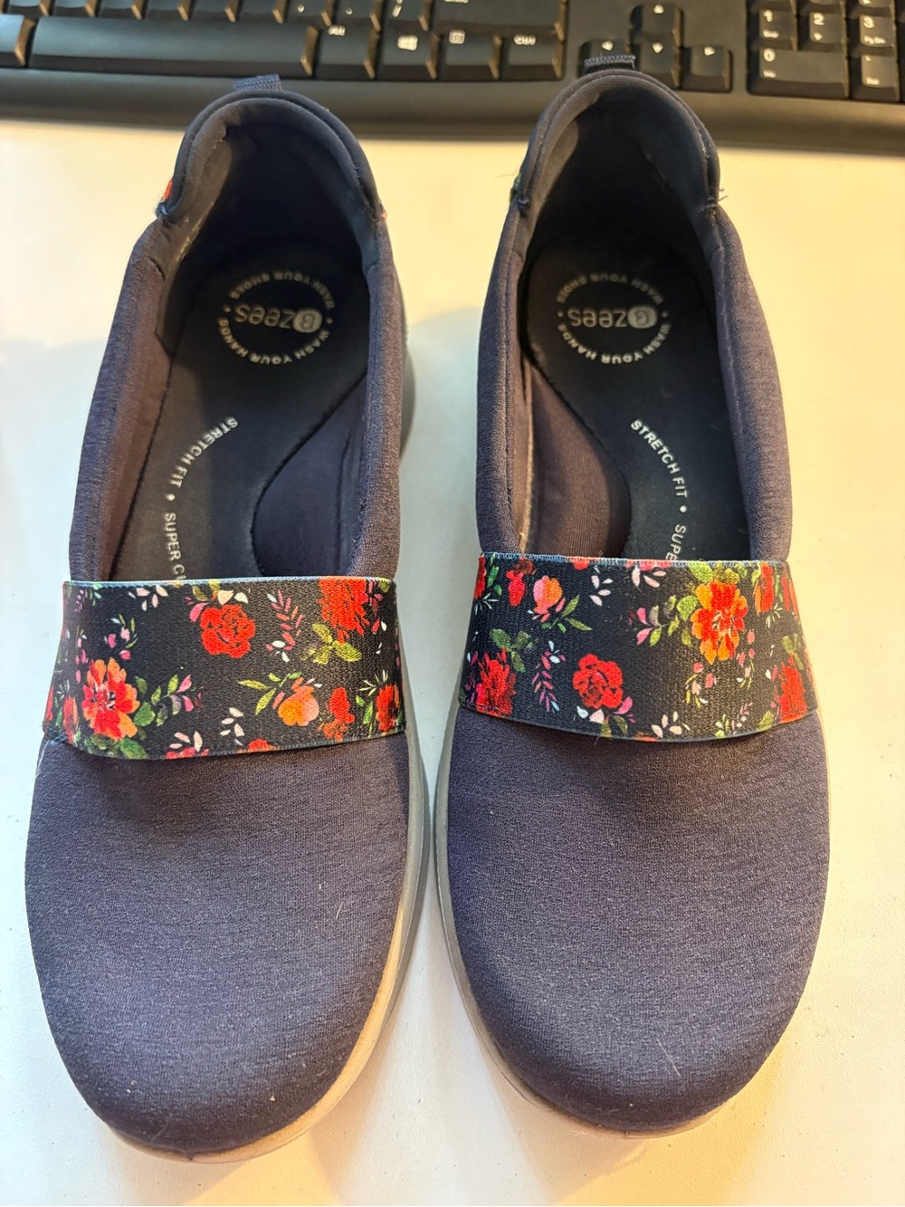 Bzees Navy Moccasins with Floral Elastic Strap